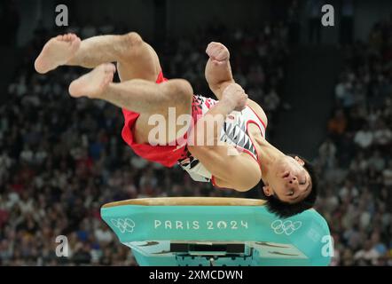 Paris, France. 27 juillet 2024. Daiki Hashimoto, du Japon, participe aux qualifications de la sous-division 2 de gymnastique artistique masculine aux Jeux Olympiques de Paris 2024 à Paris, France, le samedi 27 juillet 2024. Les Jeux olympiques d'été se dérouleront du 26 juillet au 11 août. Photo de Pat Benic/UPI. Crédit : UPI/Alamy Live News Banque D'Images