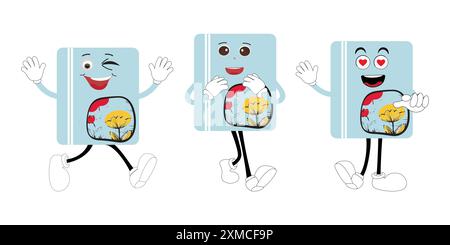Mignon livre de dessin animé Set personnage avec différentes émotions et en action. Collection de dessins animés, rétro, groovy personnages. Icônes plates vectorielles définies Illustration de Vecteur