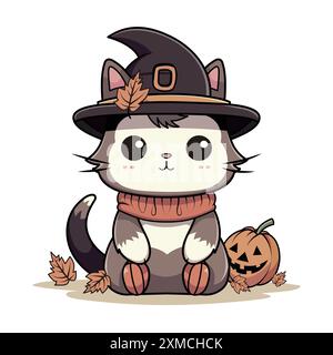 Chaton mignon portant un chapeau de sorcière assis entouré de jack-o'-lanternes d'Halloween et de feuilles d'automne Illustration de Vecteur