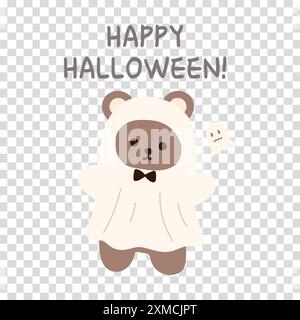 Un ours en peluche prétendant être un fantôme criant joyeux Halloween et un fantôme mignon à côté Illustration de Vecteur