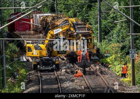 Travaux de réparation sur les voies de la ligne 9 du S-Bahn, entre Essen et Wuppertal, près d'Essen-Kupferdreh, en raison de l'inondation de juillet 2020, les voies ont été Banque D'Images