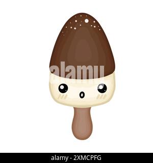 Crème glacée à la vanille Kawaii avec demi-enrobage de chocolat sur un bâton de bois Illustration de Vecteur