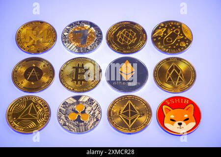 Diverses crypto-monnaies, jetons de symboles, espace réservé optique pour la monnaie numérique, blockchain, Bitcoin, Ripple, Ethereum, Shiba Inu, EOS Banque D'Images