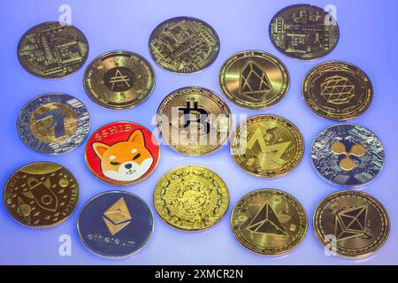 Diverses crypto-monnaies, jetons de symboles, espace réservé optique pour la monnaie numérique, blockchain, Bitcoin, Ripple, Ethereum, Shiba Inu, EOS Banque D'Images