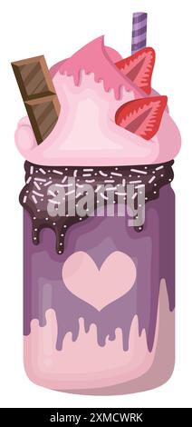 Monster Shake décoré avec de la crème au chocolat, de la crème rose, de la crème fouettée, des fraises, du chocolat et des pailles coulant sur une bouteille contenant du mu violet Illustration de Vecteur