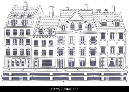 Dessin vectoriel de vieilles maisons sur le remblai du canal Nyhavn à Copenhague. Illustration de Vecteur