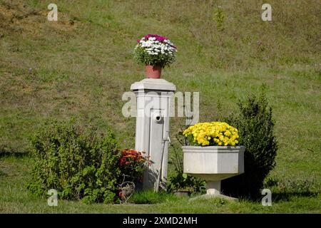 Composition avec des pots de fleurs en fleurs et fontaine de boisson dans le village de Donja Crnuca, Sumadija, Serbie centrale Banque D'Images