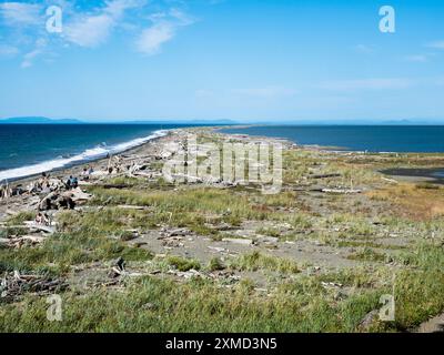 Vue panoramique de Dungeness Spit, la plus longue broche de sable des États-Unis, par une journée ensoleillée - péninsule olympique, état de Washington Banque D'Images