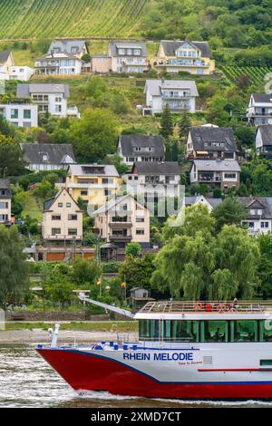 Bateau de croisière fluviale Rhein Melodie, sur le Rhin dans la vallée du Rhin moyen supérieur, toile de fond de la ville d'Oberwesel, Rhénanie-Palatinat, Allemagne Banque D'Images