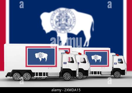 Wyoming drapeau de l'État américain représenté sur le mur latéral d'un fourgon de livraison blanc en gros plan. Concept d'expédition et de livraison locale Banque D'Images