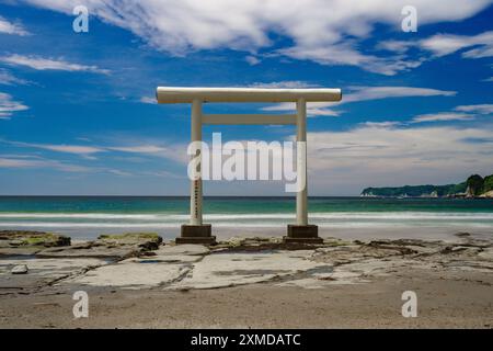 La porte torii blanche emblématique du sanctuaire de Yasaka sur la plage d'Ubara, située à environ 100 km au sud-est de Tokyo. Banque D'Images