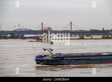 Crue sur le Rhin près de Duisburg, vue de Ruhrort vers le nord, sur les prairies rhénanes de Duisburg-Homberg, jusqu'au pont autoroutier de l'A42 Banque D'Images