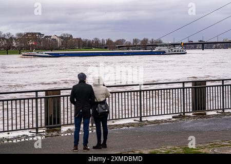 Crue du Rhin près de Duesseldorf, cargo, pont Oberkassler, Rhénanie du Nord-Westphalie, Allemagne Banque D'Images