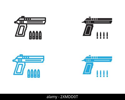 Pistolet avec marque de logo de ligne de vecteur d'icône de munition ou style de contour de collection de jeu de symboles Illustration de Vecteur