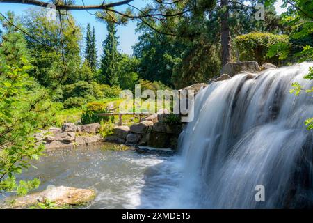 Grugapark, Essen, jardin botanique, parc de loisirs et de loisirs, cascade dans l'Alpinum, Rhénanie du Nord-Westphalie, Allemagne Banque D'Images