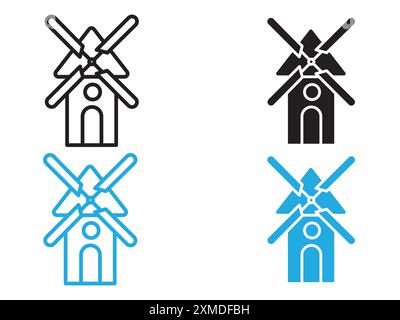marque de logo de ligne vectorielle d'icône de moulin à vent ou style de contour de collection de jeu de symboles Illustration de Vecteur