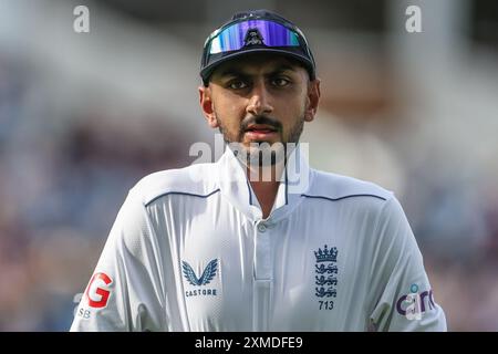 Shoaib Bashir d'Angleterre pendant la deuxième journée du Rothesay test match Angleterre vs Antilles à Edgbaston, Birmingham, Royaume-Uni. 27 juillet 2024. (Photo de Mark Cosgrove/News images) à Birmingham, Royaume-Uni le 27/07/2024. (Photo de Mark Cosgrove/News images/SIPA USA) crédit : SIPA USA/Alamy Live News Banque D'Images