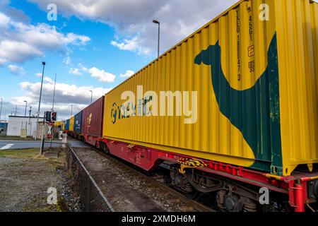 Les conteneurs arrivent en train au terminal intermodal de Logport, dit, Duisburg, qui fait partie de la nouvelle route de la soie, de la Chine à Duisburg-Rheinhausen, au nord Banque D'Images