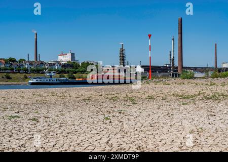 Rhin près de Duisburg, eau extrêmement basse, niveau du Rhin à 168 cm, tombant, après la longue sécheresse la rive droite du Rhin, près Banque D'Images