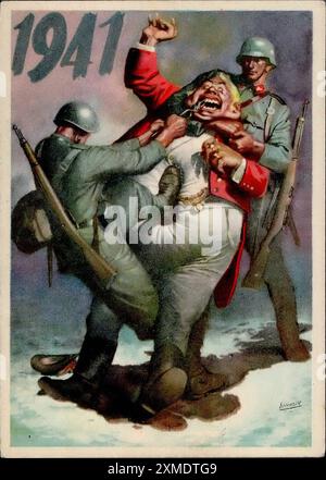 Affiche de propagande italienne promouvant l'axe germano-italien. Il montre des soldats allemands et italiens attaquant John Bull, une personnification du Royaume-Uni. Banque D'Images