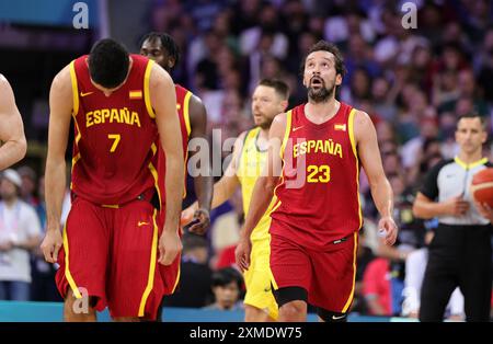 LILLE, FRANCE - JUILLET 27 : Sergio Llull, Espagnol, lors de la phase de groupes masculins - match du Groupe A entre l'Australie et l'Espagne le premier jour des Jeux Olympiques de Paris 2024 au stade Pierre Mauroy le 27 juillet 2024 à Lille, France. © diebilderwelt / Alamy Live News Banque D'Images