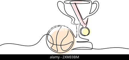 Coupe trophée avec médaille et ballon de basket-ball. Dessin continu sur une ligne Illustration de Vecteur