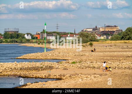 Basse eau sur le Rhin à Duisburg-Homberg, vue sur Duisburg-Laar, maisons sur Deichstrasse, gazomètre de ArcelorMittal Hochfeld GmbH Stahldrahtwerk Banque D'Images