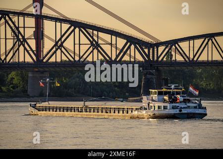 Navires de charge sur le Rhin à Duisburg-Baerl, derrière le pont ferroviaire Haus-Knipp et le pont autoroutier de l'A42 au-dessus du Rhin, au nord Banque D'Images