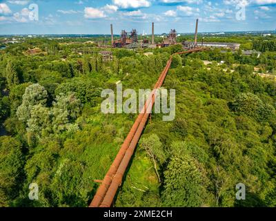 Le Duisburg Nord Landscape Park, gazoduc à double haut fourneau de l'ouest vue sur la nature sauvage, une zone de parc où la nature est laissée à elle Banque D'Images