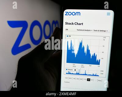 Personne tenant un smartphone avec le site Web de la société de communication américaine Zoom Video Communications Inc avec logo. Concentrez-vous sur le centre de l'écran du téléphone. Banque D'Images