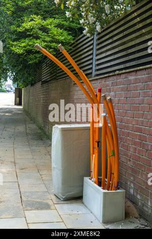 Boîte de distribution dans laquelle arrivent et sont raccordés des conduits vides pour les câbles à fibres optiques, dans laquelle le câble à fibres optiques proprement dit est ensuite soufflé et Banque D'Images