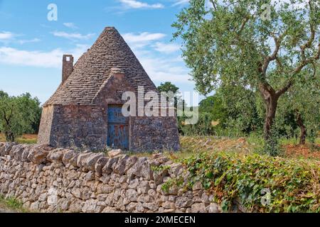 Un trullo indépendant, maison ronde avec un toit en pierre, sur le bord de la ville italienne méridionale d'Alberobello. Alberobello, Pouilles, Italie du Sud Banque D'Images