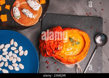 Citrouille cuite farcie de purée de légumes avec des champignons chanterelles sur un tableau noir et une assiette bleue avec des graines de citrouille. Photo de haute qualité Banque D'Images