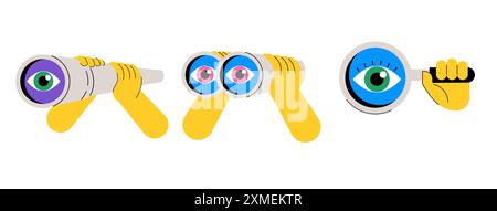 Illustrations colorées drôles de jumelles, loupe et télescope de spyglass. SEO, recherche, recherche, trouver, concept d'embauche. Isolé Illustration de Vecteur