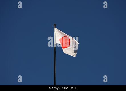 Drapeau japonais agitant au vent contre un ciel bleu Banque D'Images