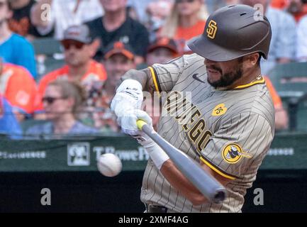 Baltimore, États-Unis. 27 juillet 2024. BALTIMORE, MD - JUILLET 27 : David Peralta (24 ans), outfield des Padres de San Diego, lors d'un match MLB entre les Orioles de Baltimore et les Padres de San Diego, le 27 juillet 2024, à Orioles Park à Camden Yards, à Baltimore, Maryland. (Photo de Tony Quinn/SipaUSA) crédit : Sipa USA/Alamy Live News Banque D'Images