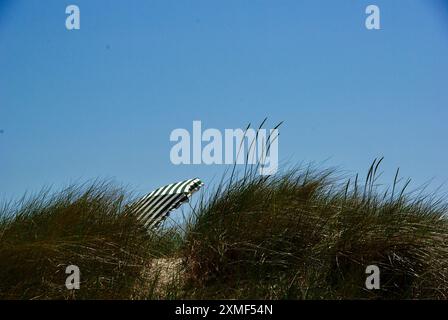 Un parasol rayé derrière des touffes d'herbe sur une plage de sable de baignade à la mer Baltique dans le sud de la Suède en été. Banque D'Images