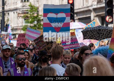 Londres, Royaume-Uni. 1er janvier 2014. Les manifestants tiennent des pancartes pendant la marche TRANS Pride. Des milliers de personnes trans, d'alliés, d'amis et de membres de la famille ont défilé dans le centre de Londres, de la BBC Broadcasting House à Wellington Arch. Les manifestants ont réclamé des soins de santé et des droits trans. (Crédit image : © Krisztian Elek/SOPA images via ZUMA Press Wire) USAGE ÉDITORIAL SEULEMENT! Non destiné à UN USAGE commercial ! Banque D'Images