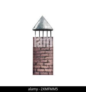 La cheminée sur le toit. Illustration d'aquarelle dessinée à la main. Style plat de dessin animé. Pour la construction de maisons, jeux pour enfants, cartes postales et décoration Banque D'Images