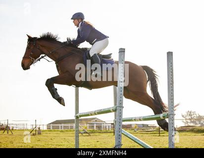 Haie, saut et personne avec cheval à l'événement équestre, spectacle ou compétition dans le domaine de la campagne. Sports, ferme et jockey avec animal pour la course par Banque D'Images