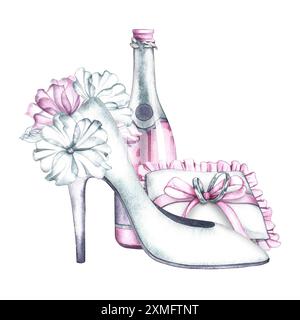 La composition du mariage est dans des tons délicats blanc et rose. Chaussures à talons hauts pour femmes, alliances sur un coussin. Une bouteille de champagne rose. Une WATE Banque D'Images