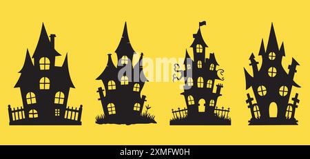 Ensemble de Château d'Halloween, silhouettes de maisons hantées Spooky sur fond jaune Illustration de Vecteur