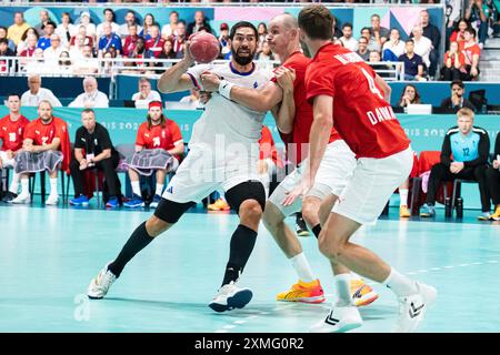 Paris, France. 27 juillet 2024. Nicolas Karabatic (France), Handball, hommes&#39;s Tour préliminaire du Groupe B entre le Danemark et la France lors des Jeux Olympiques de Paris 2024 le 27 juillet 2024 au South Paris Arena 6 à Paris, France Banque D'Images