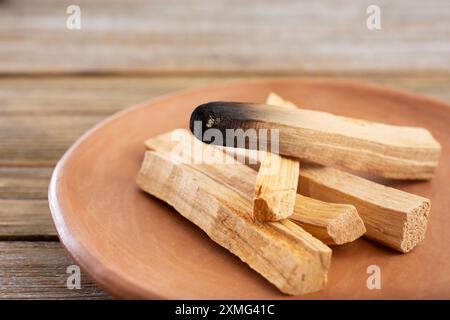 Une vue rapprochée d'une assiette de plusieurs morceaux de bâtonnets palo santo. Banque D'Images