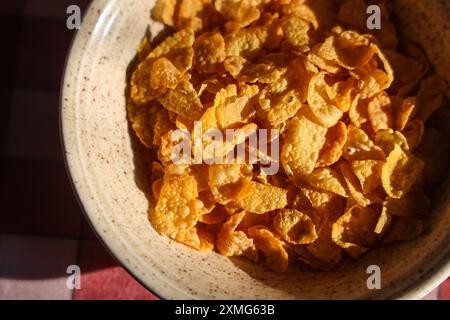 Macro gros plan de cornflakes dorés dans un bol avec un éclairage latéral fort Banque D'Images