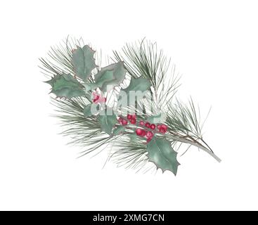 Bouquet festif aquarelle avec sous chêne et branche de pin. Bouquet de Noël dessiné à la main de branches de pin vert et de baies rouges isolées sur blanc Banque D'Images