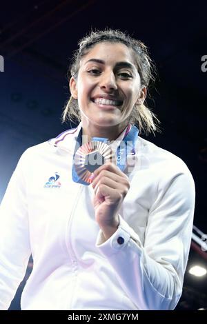 Paris, France. 27 juillet 2024. Shirine Boukli ( France ) Bronze, Judo, femmes -48 kg lors des Jeux Olympiques de Paris 2024 le 27 juillet 2024 à l'Arena champ de mars à Paris, France Banque D'Images