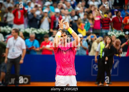 Rafa Nadal (Espagne) célébrant lors d'un tournoi ATP sur terrain de terre battue. Banque D'Images