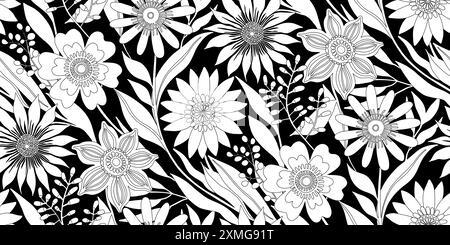 Half Drop Floral Seamless Pattern of Fantasy Flower Field - Noir dessin de ligne mince sur une silhouette blanche sur un fond noir. Design de papier peint pour textiles, papiers, impressions, mode, emballages. Illustration de Vecteur