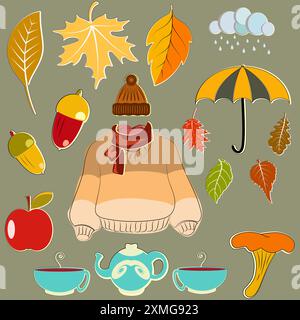 Cette charmante image capture l'essence de l'automne avec une collection d'icônes saisonnières. Au centre, un pull chaud jumelé avec un bonnet confortable et SC Banque D'Images